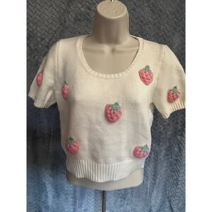 Luna Ivy Cream Sweater 3D Knit Pink Strawberries Appliqué Cottagecore Coquette